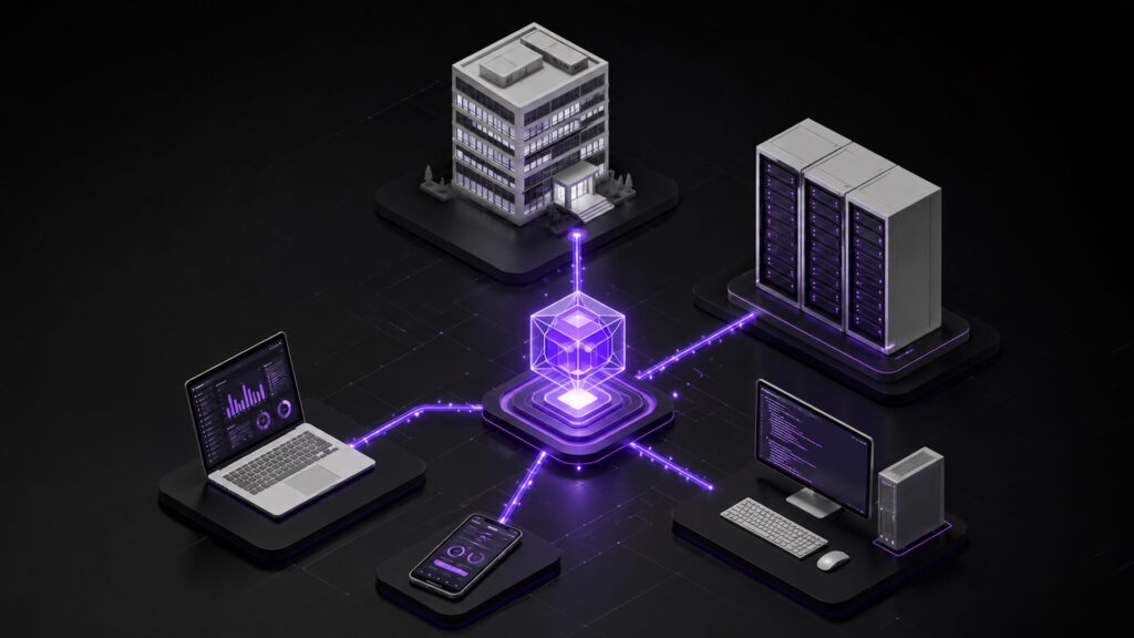 Isometric 3D illustration of a fused enterprise security architecture, a central violet core connecting servers, endpoints and office infrastructure