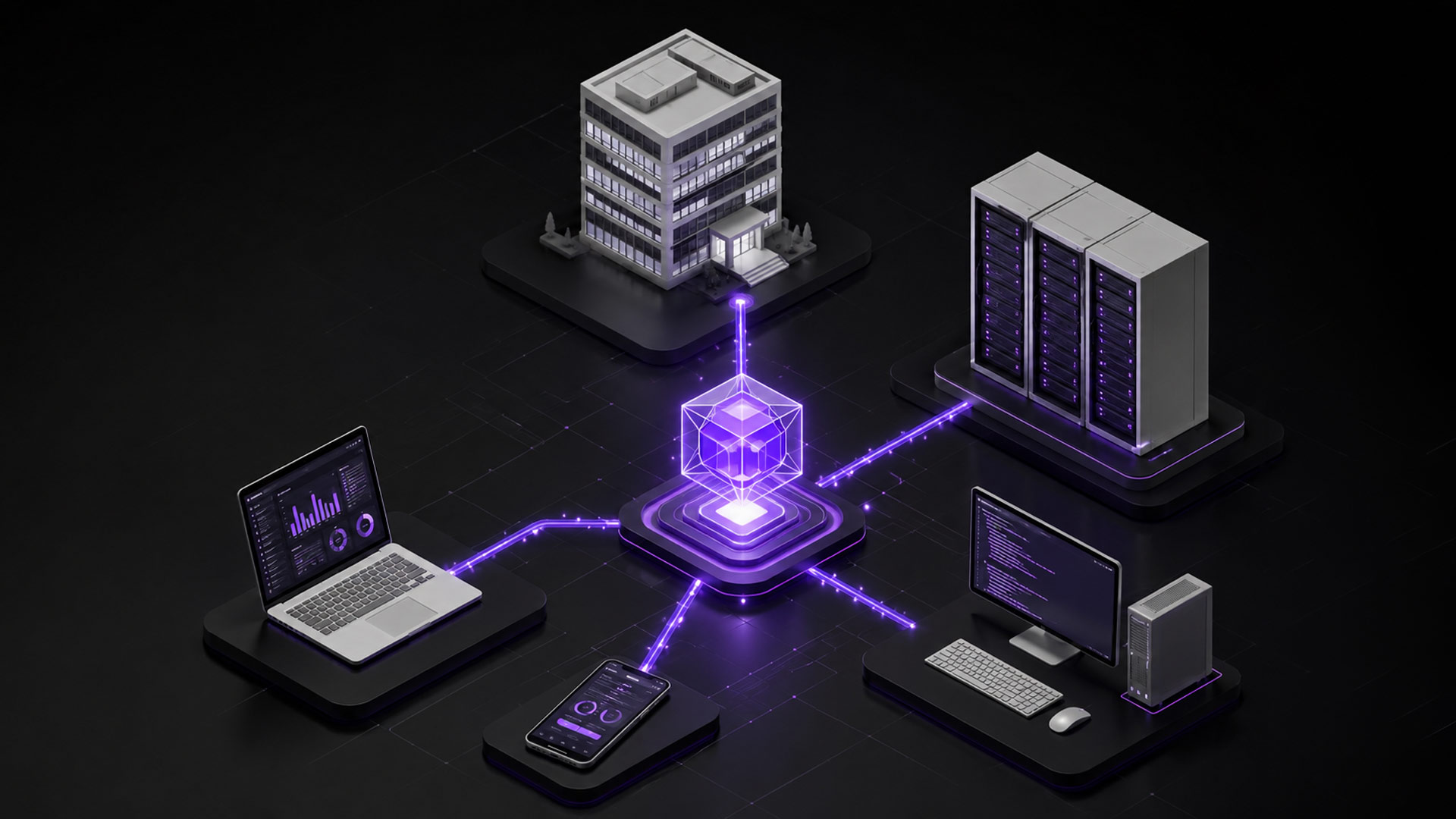 Isometric 3D illustration of a fused enterprise security architecture, a central violet core connecting servers, endpoints and office infrastructure